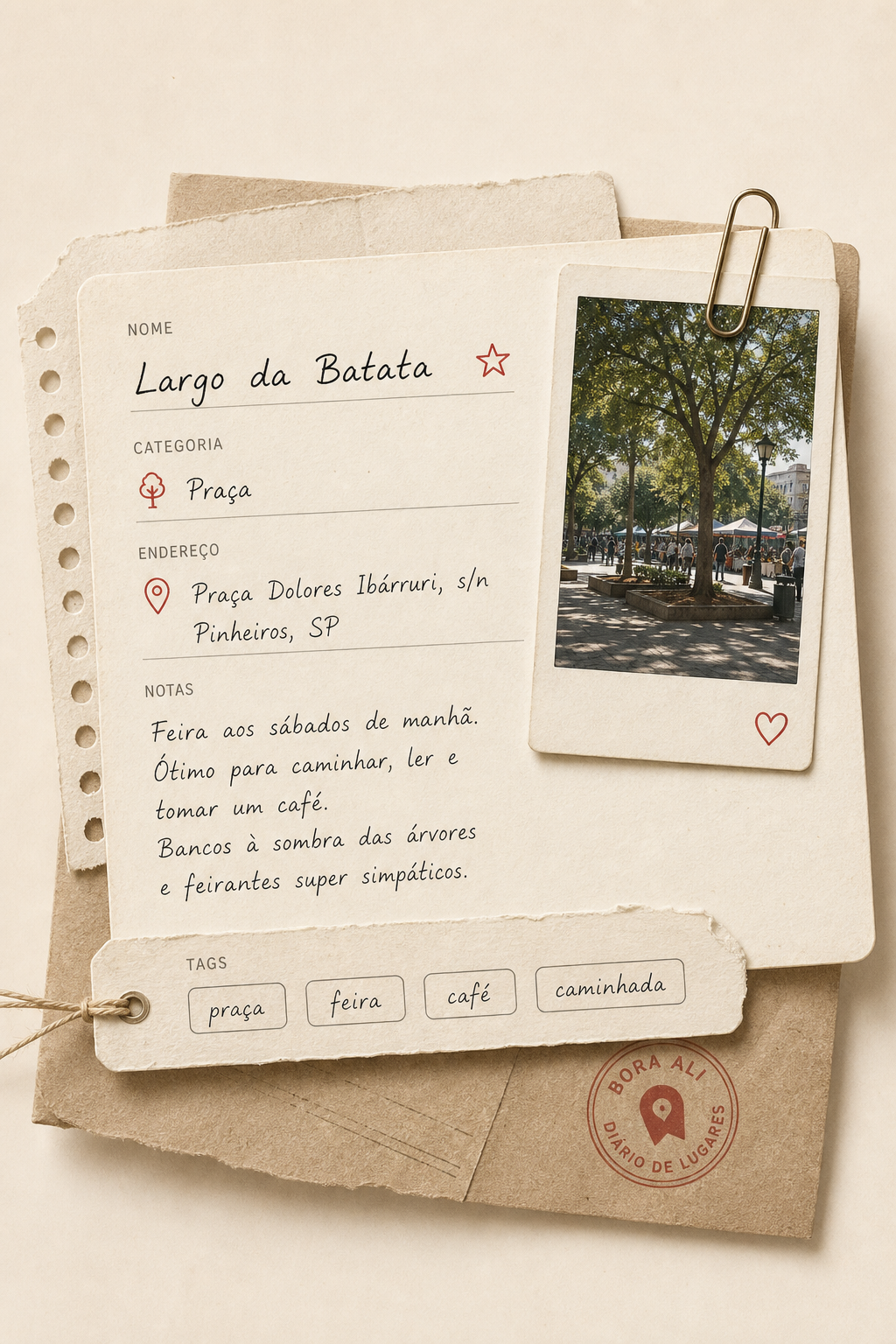 Cartão de lugar com título, categoria, endereço, notas, foto e tags
