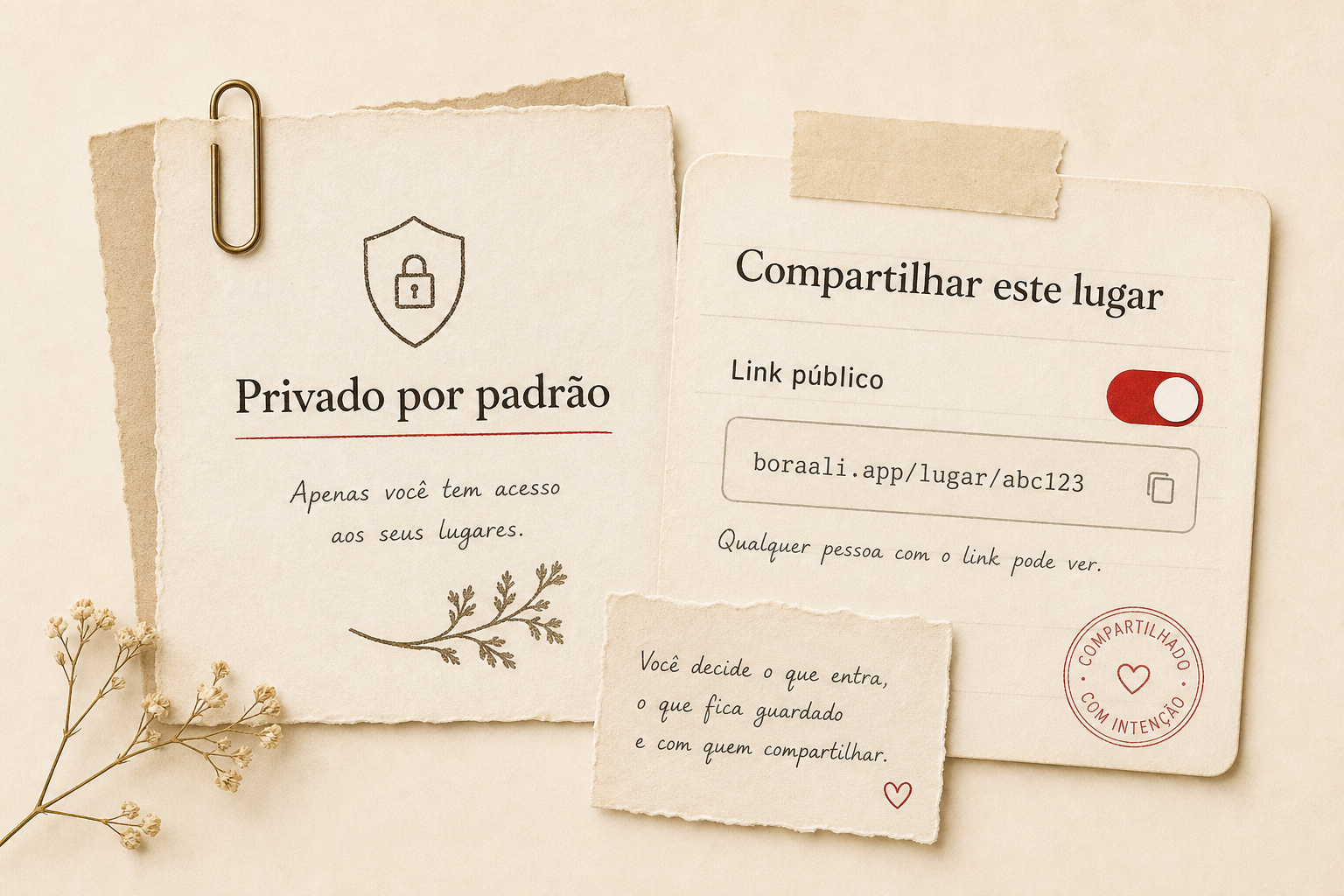 Cartões de privacidade e compartilhamento de um lugar